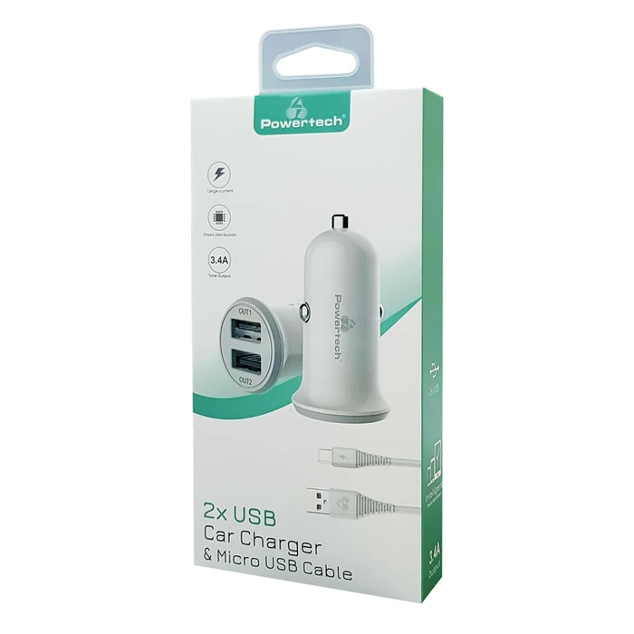 Φορτιστής Αυτοκινήτου Powertech & καλώδιο Micro USB PT-772, 2x USB, 3.4A