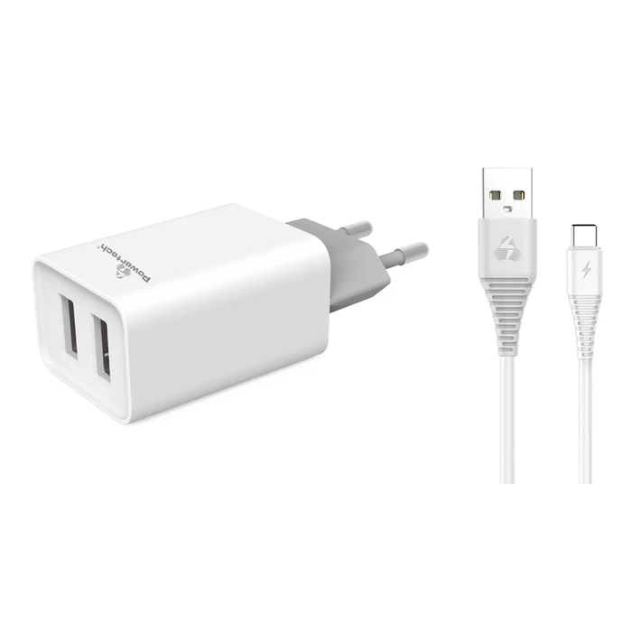 Φορτιστής Πρίζας Powertech & καλώδιο USB Type-C PT-776, 2x USB, 2.1A