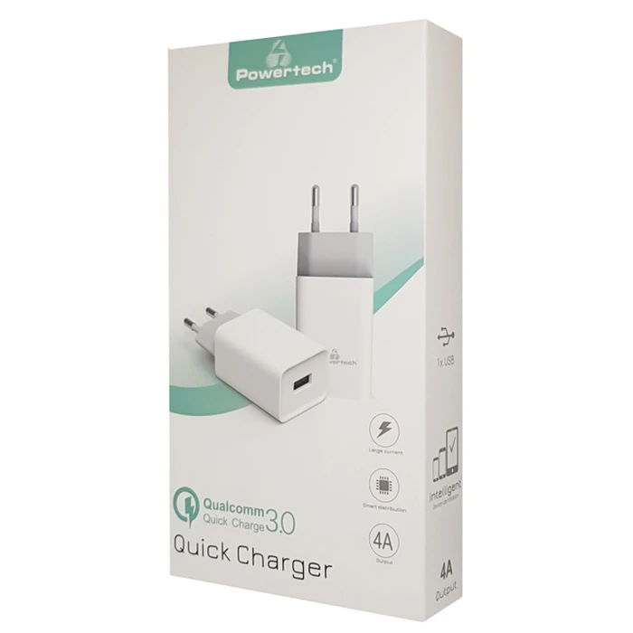Φορτιστής Πρίζας Powertech PT-780, 1x USB, 20W, 4A, QC 3.0, λευκός