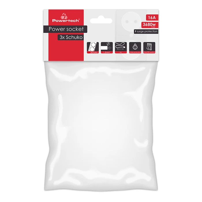 Πολύπριζο Powertech ασφαλείας PT-879, 3x schuko, 16A, 1.5m, λευκός
