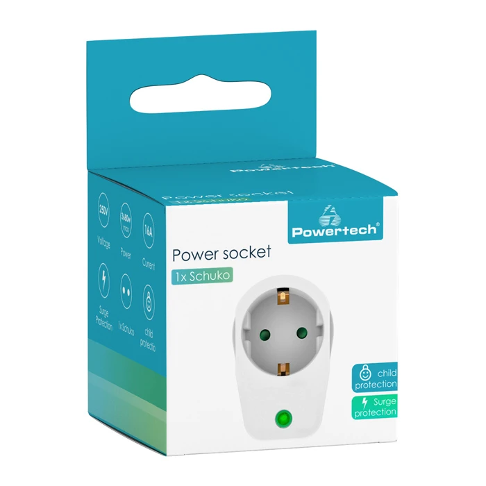 Αντάπτορας Ρεύματος Powertech PT-996, 1 θέση schuko, 16A, 3680W, λευκός