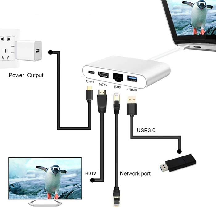 Docking Station Powertech Type-C PTH-085, HDMI/RJ45/USB/Type-C PD θύρες, γκρι