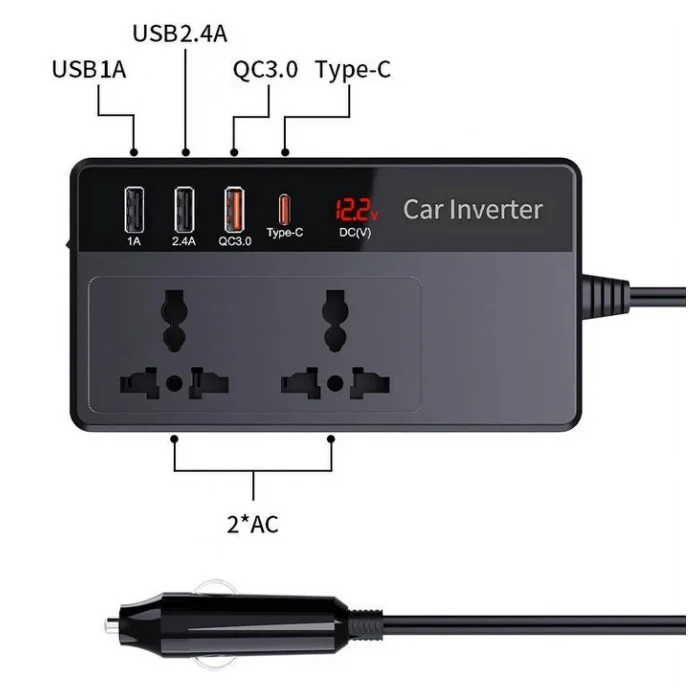 Inverter Αυτοκινήτου Powertech Ptl-023, 200W, 12V Dc σε 220V Ac, με USB-C/3X Usb