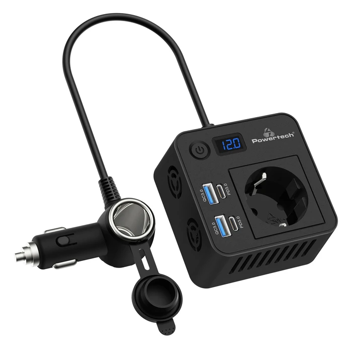 POWERTECH car inverter PTL-028, 200W, 12V/24V DC to 110V/220V AC, with 2x USB-C / 2x USB