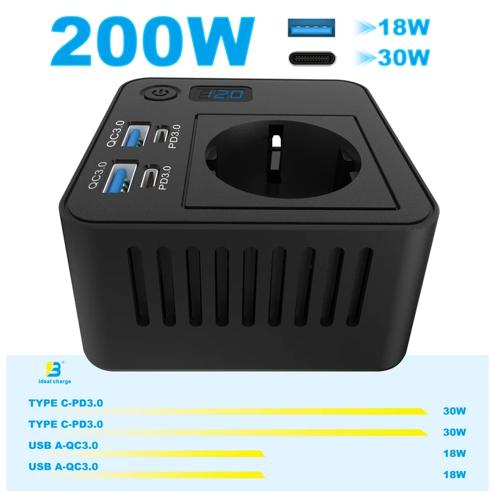 POWERTECH car inverter PTL-028, 200W, 12V/24V DC to 110V/220V AC, with 2x USB-C / 2x USB