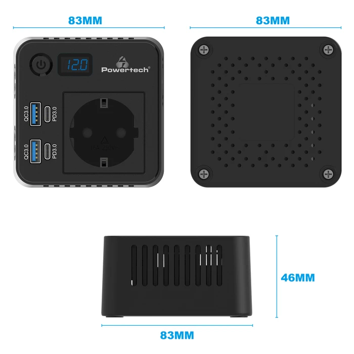 POWERTECH car inverter PTL-028, 200W, 12V/24V DC to 110V/220V AC, with 2x USB-C / 2x USB