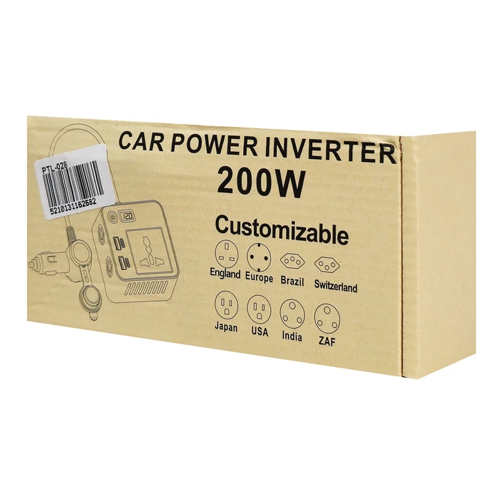 POWERTECH car inverter PTL-028, 200W, 12V/24V DC to 110V/220V AC, with 2x USB-C / 2x USB