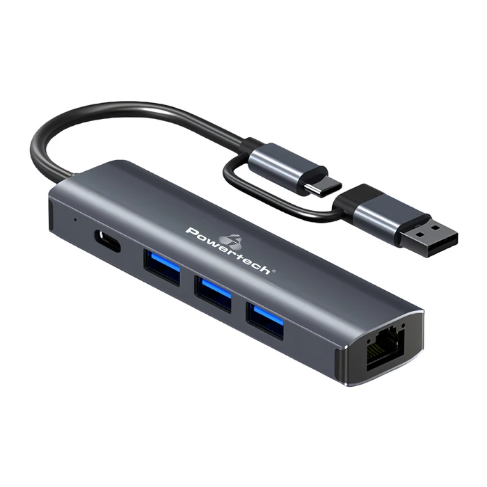 USB Hub Powertech PTR-0150 με Θύρα Δικτύου, 4 Θυρών, USB & USB-C, Γκρι
