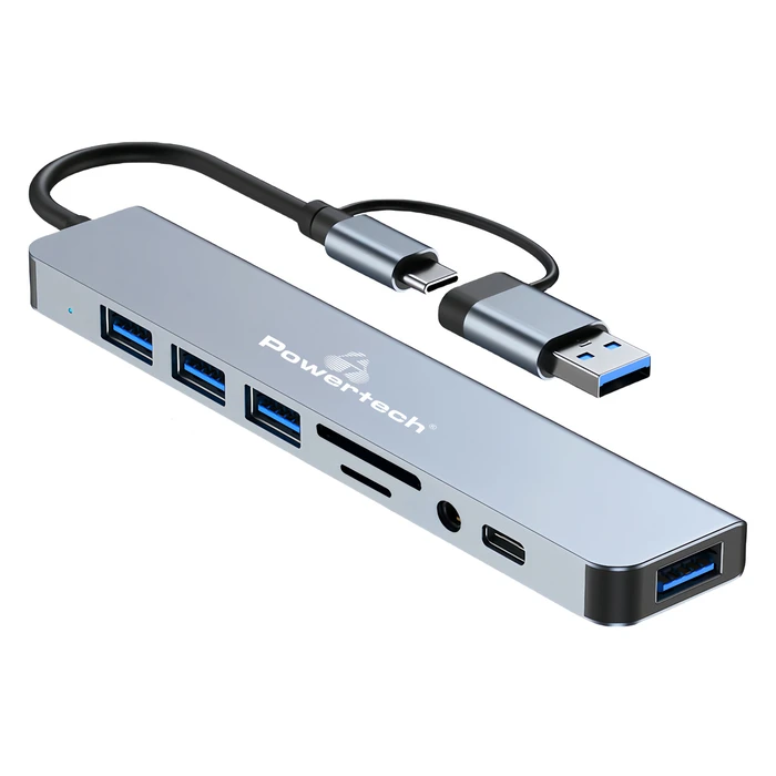 USB Hub Powertech PTR-0151 με Card Reader, 8 Θυρών, USB & USB-C, Γκρι