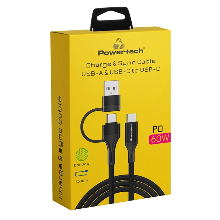 Καλώδιο USB-C Powertech Ptr-0158, Pd 60W, Copper, 1.5M, Μαύρο