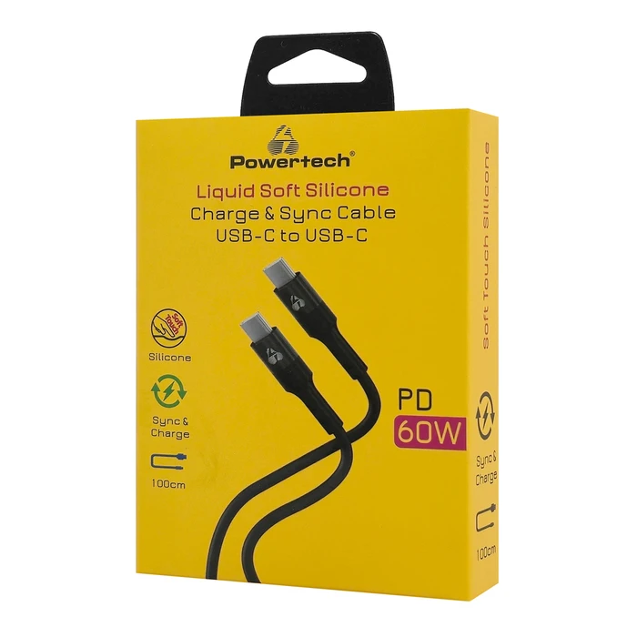 Καλώδιο USB Powertech USB-C Ptr-0163, Σιλικόνης, 60W, 480Mbps, 1M, Μαύρο