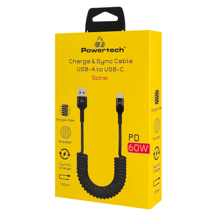 Powertech Spiral USB 2.0 Cable USB-C male - USB-C 60W PD Μαύρο 1m PTR-0197