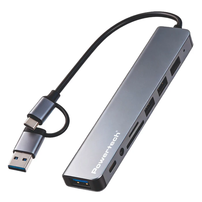 POWERTECH USB Hub PTR-0205 — 8 ports, USB & USB-C, Card Reader, Grey