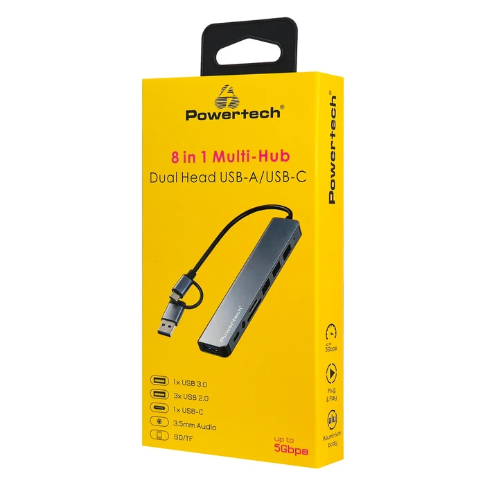 POWERTECH USB Hub PTR-0205 — 8 ports, USB & USB-C, Card Reader, Grey