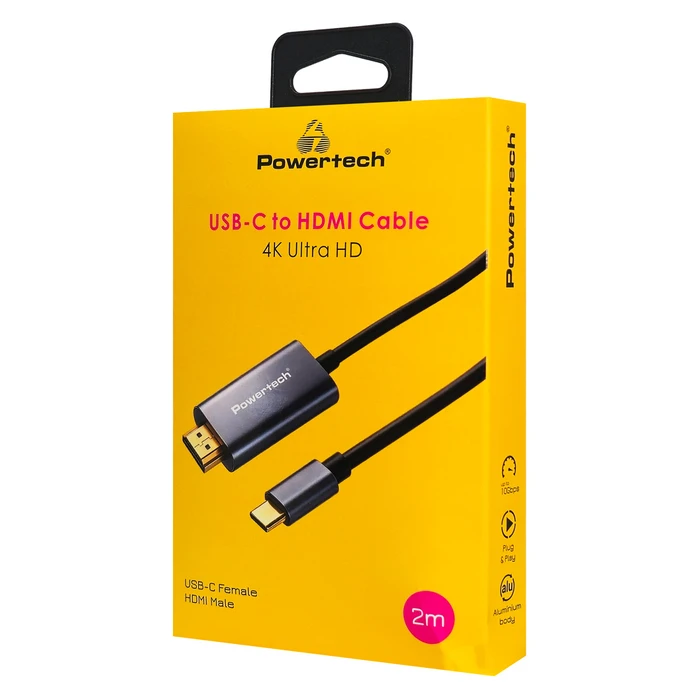 POWERTECH καλώδιο USB-C αρσενικό - HDMI αρσενικό 2m PTR-0210, 4K/30Hz, 10Gbps, μαύρο
