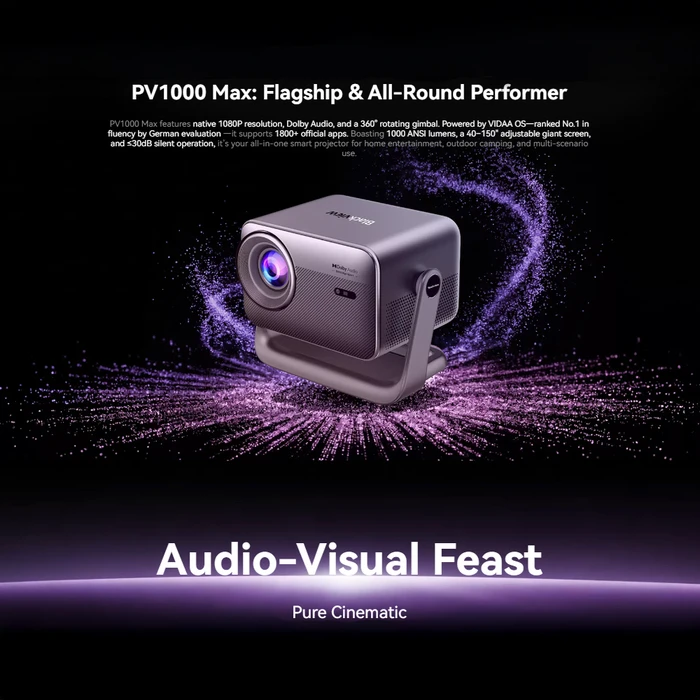 Blackview PV1000 Max Mini Projector - Full HD 1080p, 1000 ANSI Lumens, VIDAA OS (PV1000MAX)