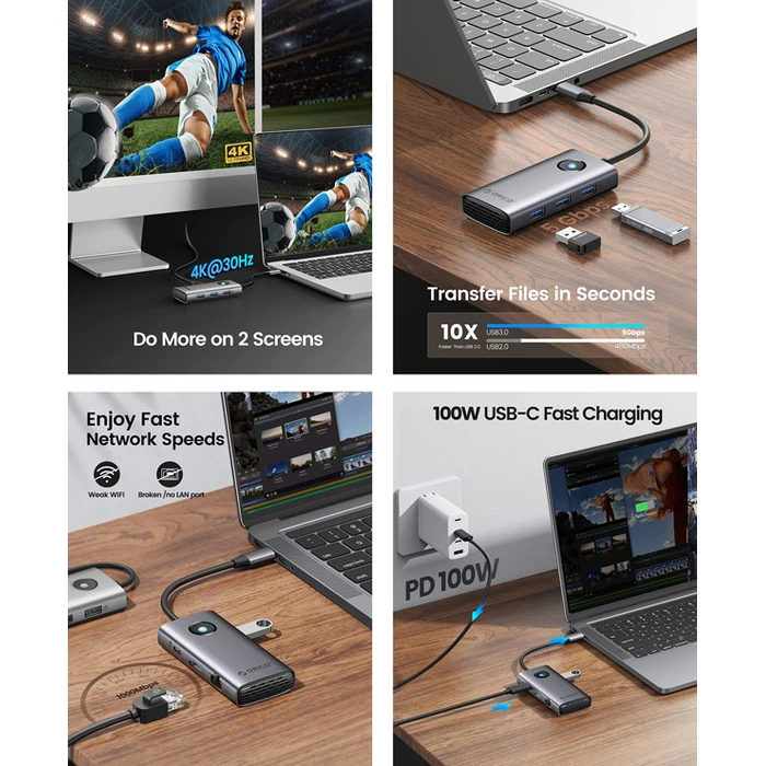Docking Station Orico PW11-6PR, 3x USB/Type-C/HDMI/RJ45, 4K, 100W, γκρι