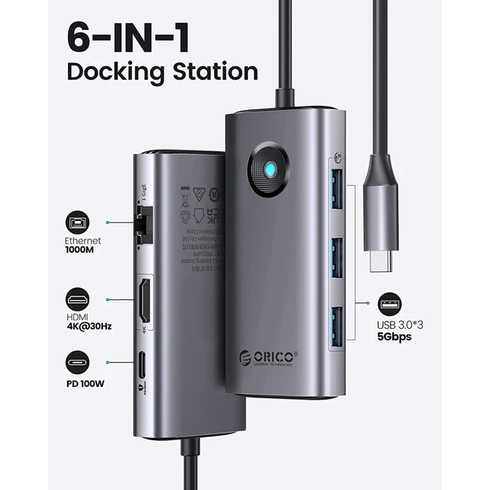 Docking Station Orico PW11-6PR, 3x USB/Type-C/HDMI/RJ45, 4K, 100W, γκρι