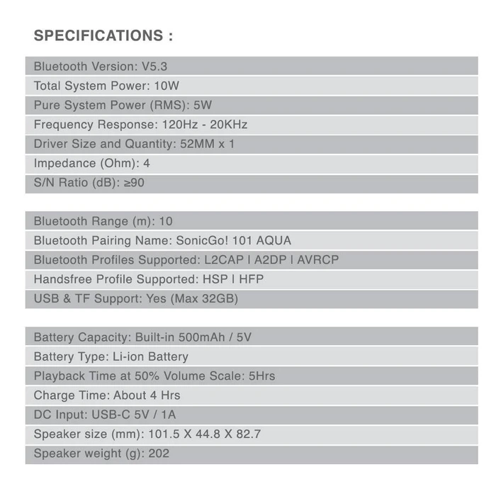 Φορητό Ηχείο Bluetooth Sonicgear Portable Bt5.3 Waterproof Sonicgo! 101 Aqua Mint