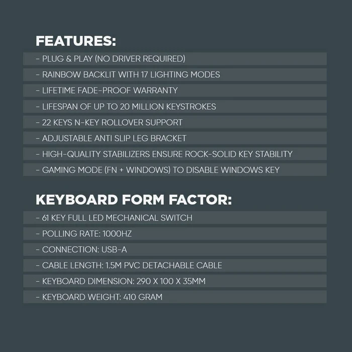 Gaming Πληκτρολόγιο Armaggeddon 61-Keys Wired Mech Red.Sw. Mka-1C Core Linear Black