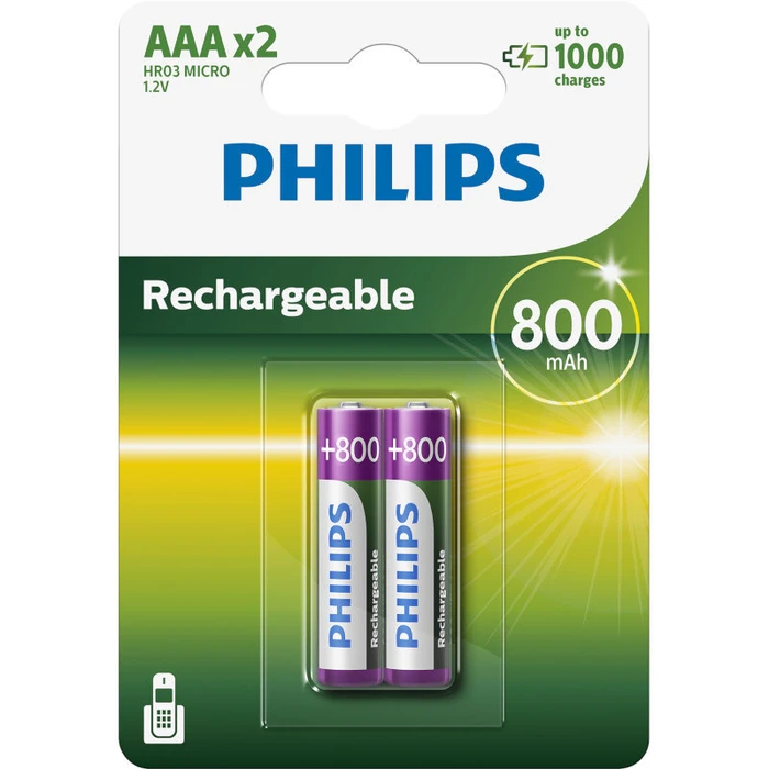 Επαναφορτιζόμενες μπαταρίες Philips R03B2Α80/GRS Ni-Mh 2 τμχ HR03 AAA 800 mAh 1.2 V