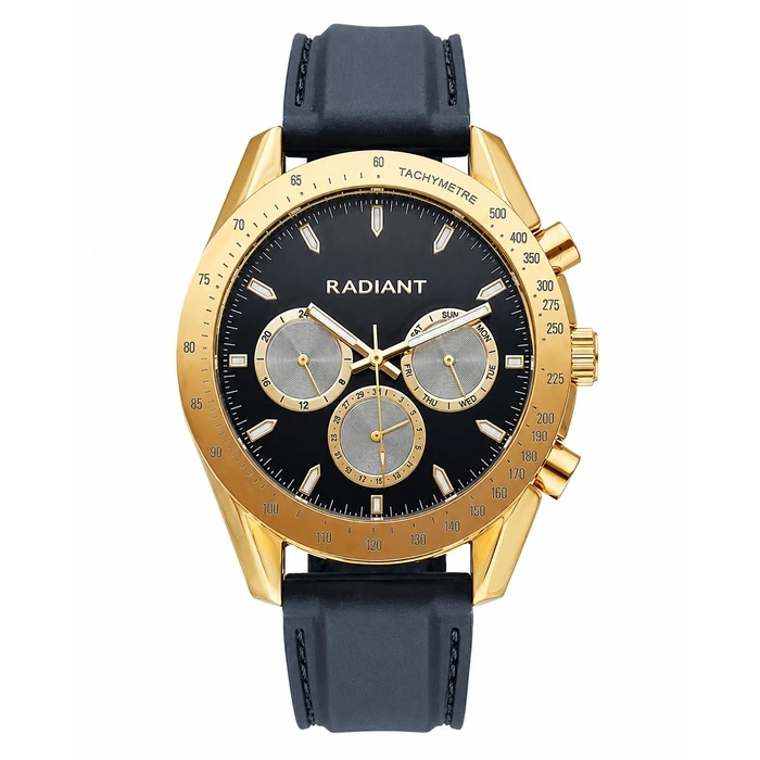 Radiant Men's Analog Dress Watch 44mm Gold Case Black Dial Black Leather Strap RA668709
