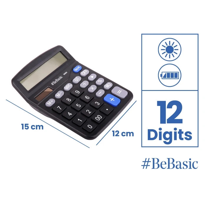 BEBASIC Calculator S060, Solar & Battery, 12 digits, Black