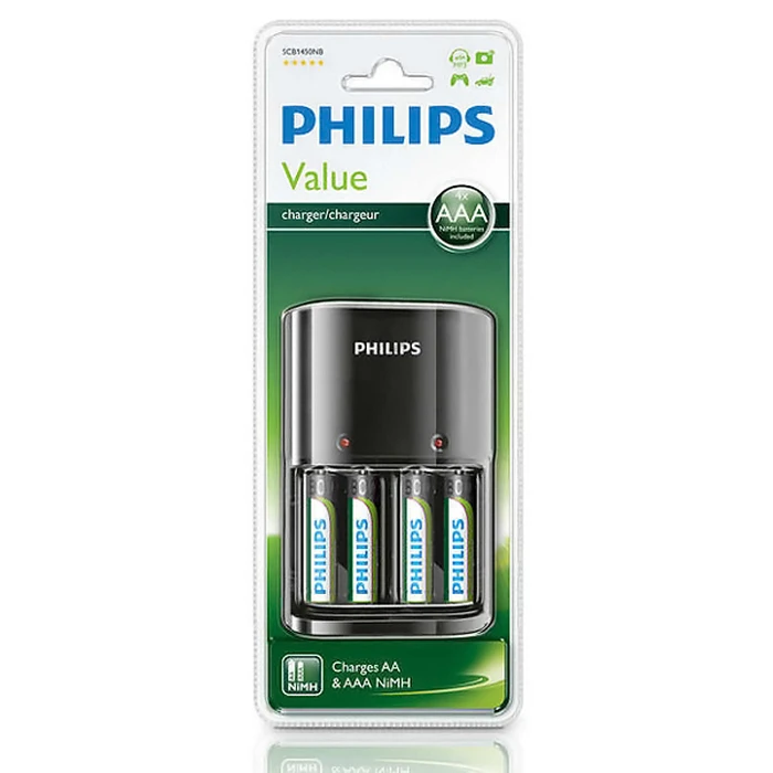 Φορτιστής Μπαταριών Philips AA & AΑΑ NiMH SCB1450NB με 4x AAA, μαύρος