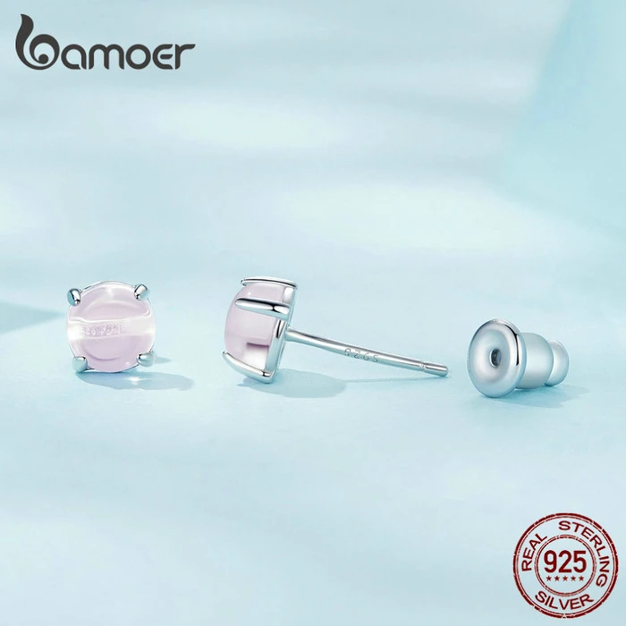 Σκουλαρίκι Bamoerα Καρφωτά Sce1529-2 με Φεγγαρόπετρα, Ασήμι 925, Ροζ