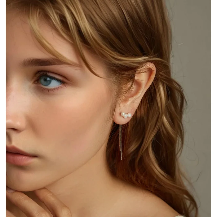 Σκουλαρίκι Bamoerα Καρφωτά Sce1777 με Πέρλες & Αλυσίδα, Ασήμι 925, Ασημί