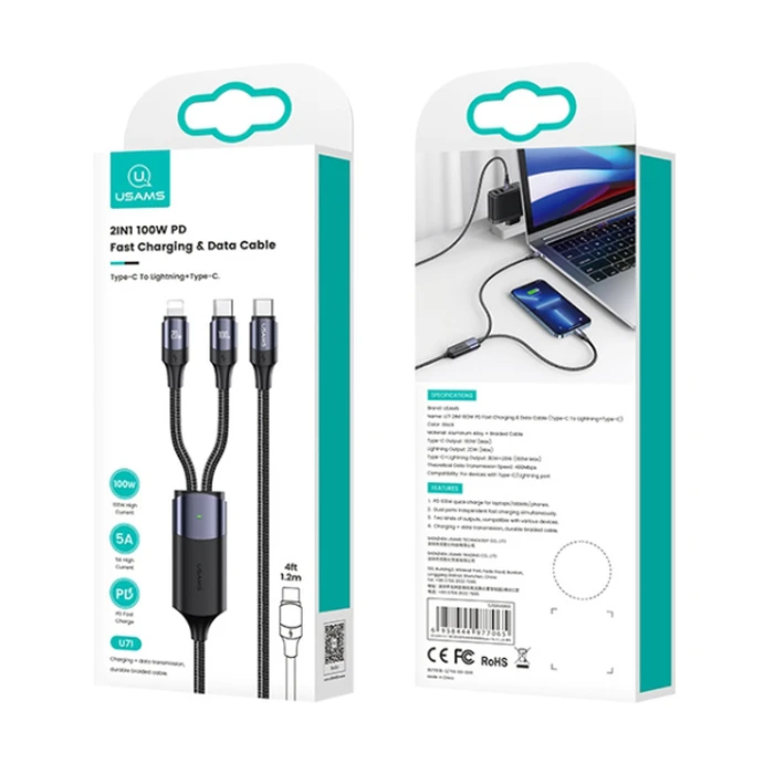 Καλώδιο USB Usams USB-C σε USB-C & Lightning US-SJ550, PD 100W, 1.2m, μαύρο