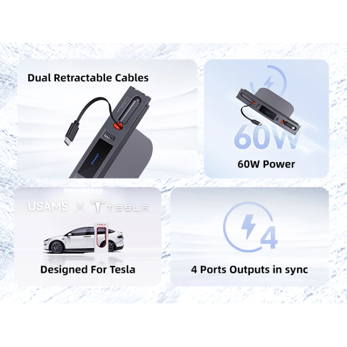 Φορτιστής Αυτοκινήτου Usams Us-Sj649 για Tesla(3/Y), με 2X Usb/USB-C Θύρες, 60W, Γκρι