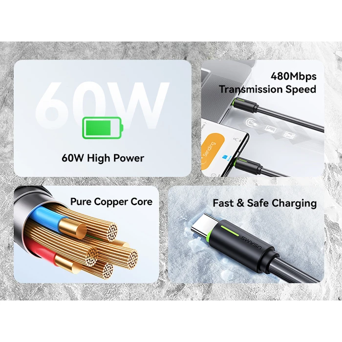 Καλώδιο USB-C Usams US-SJ734, 60W, 480Mbps, 1m, λευκό