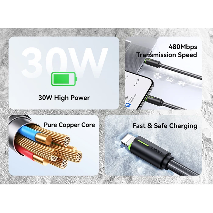 Καλώδιο Lightning Usams σε USB-C Us-Sj735, 30W, 480Mbps, 1M, Μαύρο