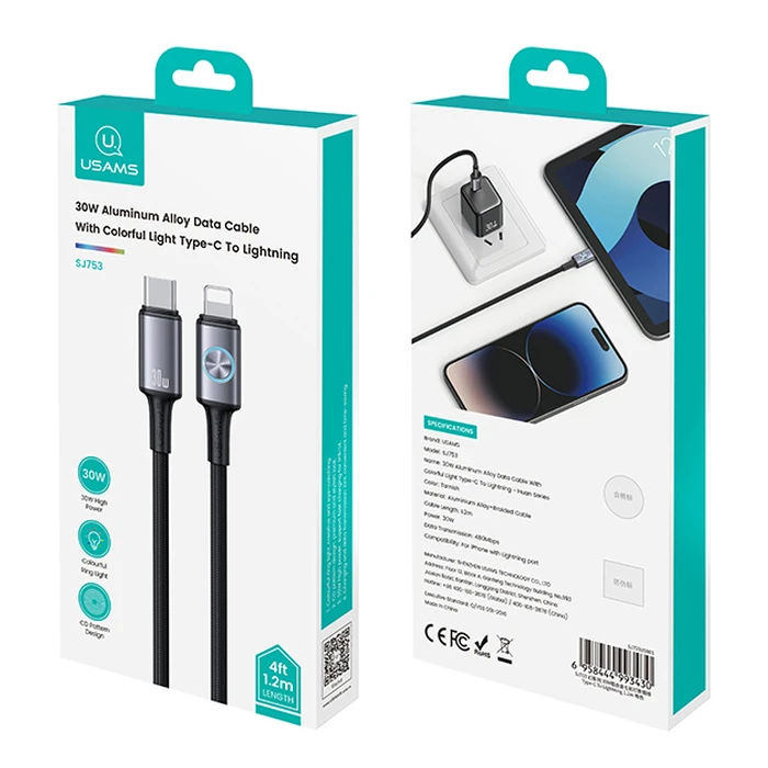 Καλώδιο Lightning Usams σε USB-C SJ753, 30W, 480Mbps, 1.2m, Μαύρο