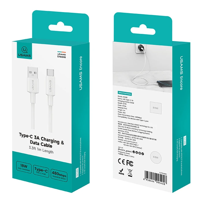 USAMS USB-C to USB-A Cable SJ761USB01, 3A 18W, 480Mbps, 1m, White