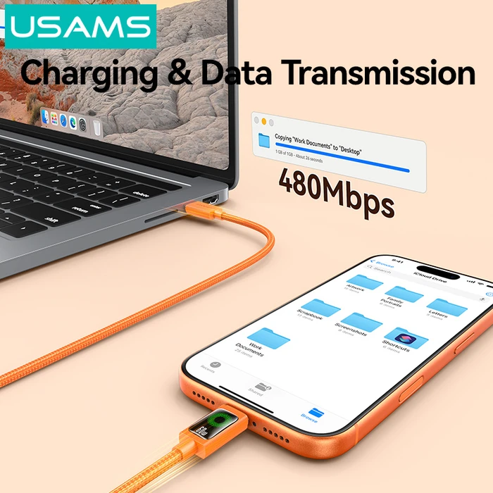 Usams καλώδιο USB-C SJ773, 60W, 480Mbps, 1.2m, πορτοκαλί