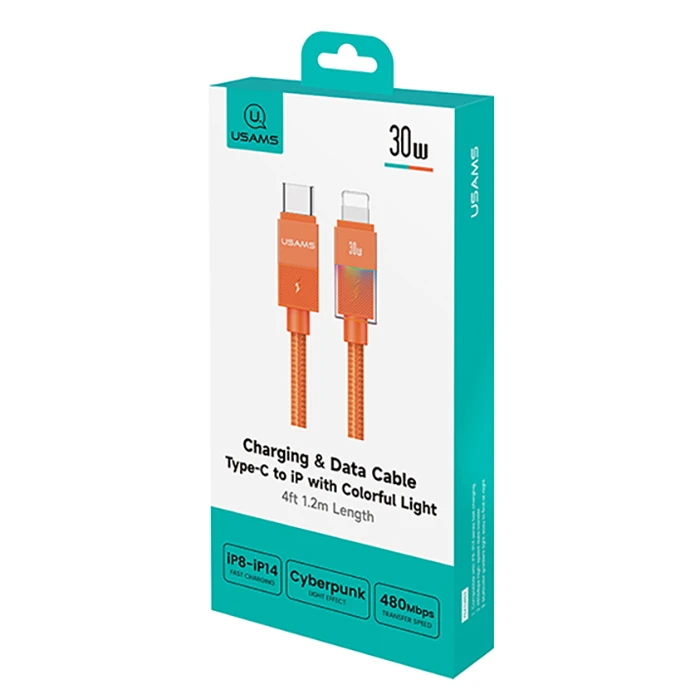 USAMS Lightning to USB-C Cable SJ776, 30W, 480Mbps, 1.2m, Orange