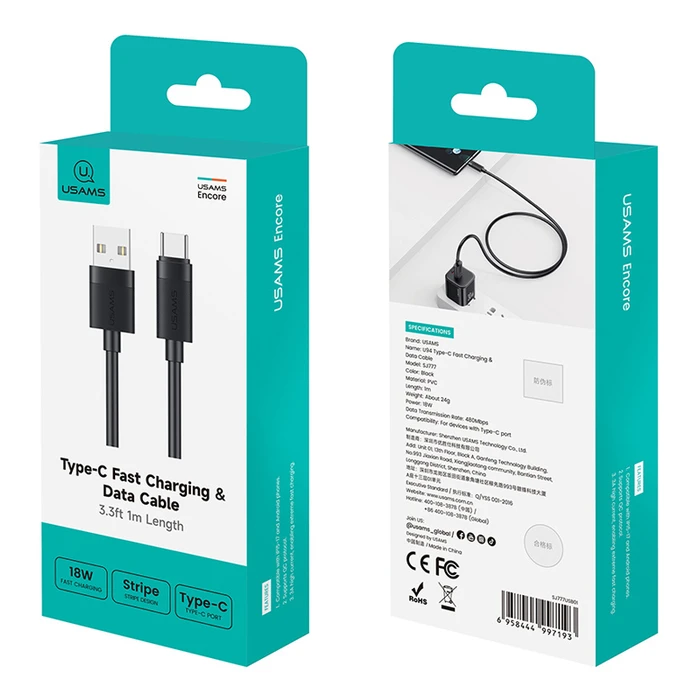 Usams USB 2.0 Cable USB-C male - USB-A 18W PD Μαύρο 1m SJ777USB01