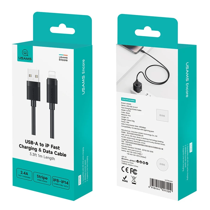 Usams USB-A to Lightning Cable 12W Μαύρο 1m SJ778USB01