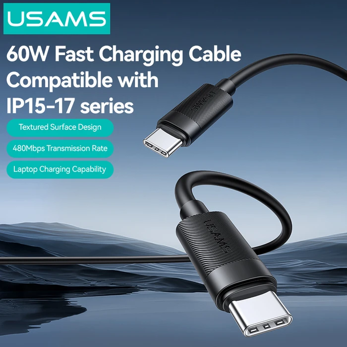 Usams USB 2.0 Cable USB-C male - USB-C 60W PD Μαύρο 1m SJ780USB01