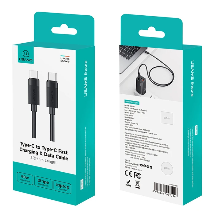 Usams USB 2.0 Cable USB-C male - USB-C 60W PD Μαύρο 1m SJ780USB01