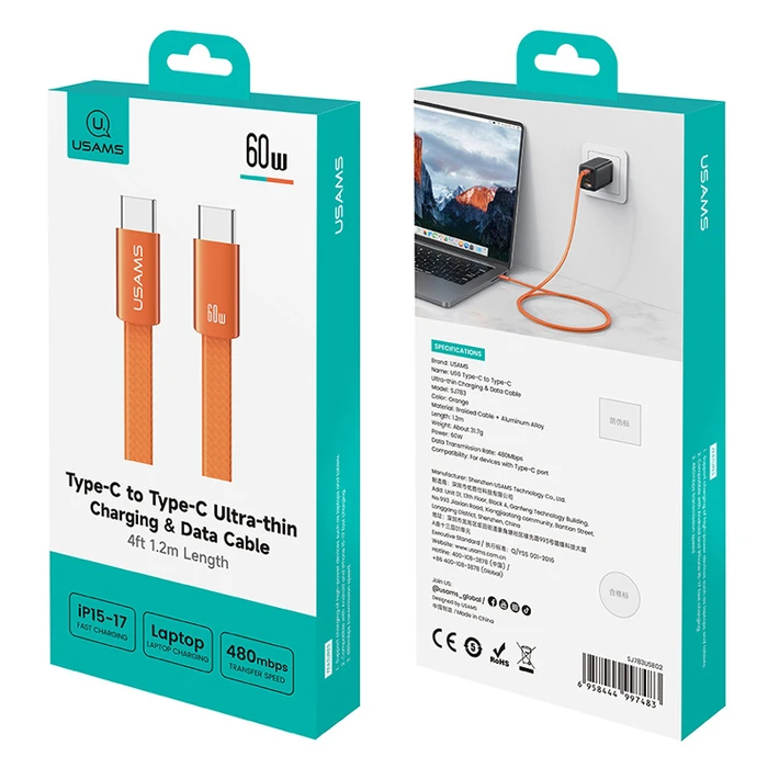 Usams USB 2.0 Cable USB-C male - USB-C 60W PD Πορτοκαλί 1.2m SJ783USB02