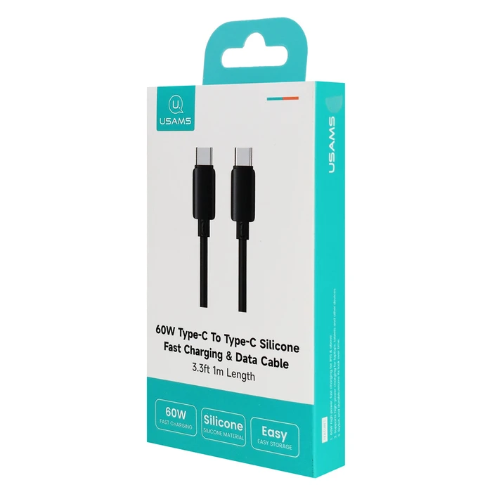 USAMS USB-C Cable SJ787, Silicone + TPE, 1m, 60W, 480Mbps, Black