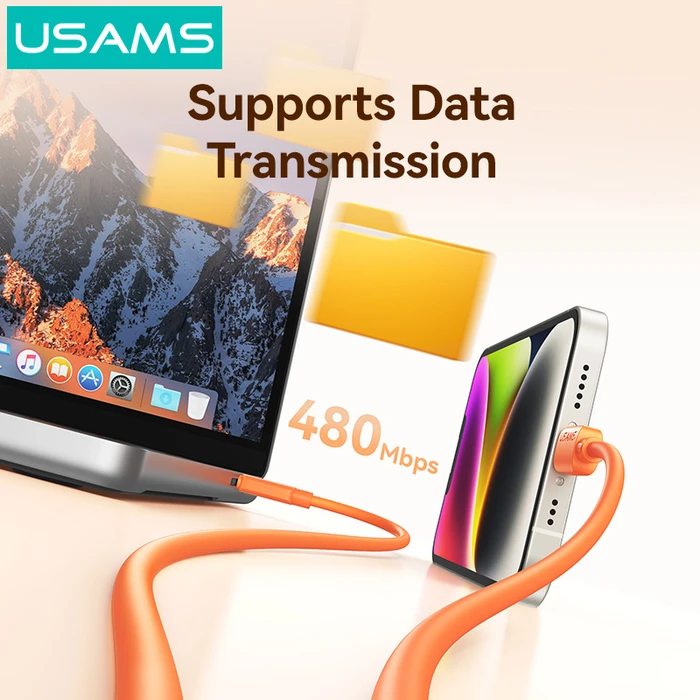 USAMS Lightning to USB-C Cable SJ788, 1m, 30W, 480Mbps, Black