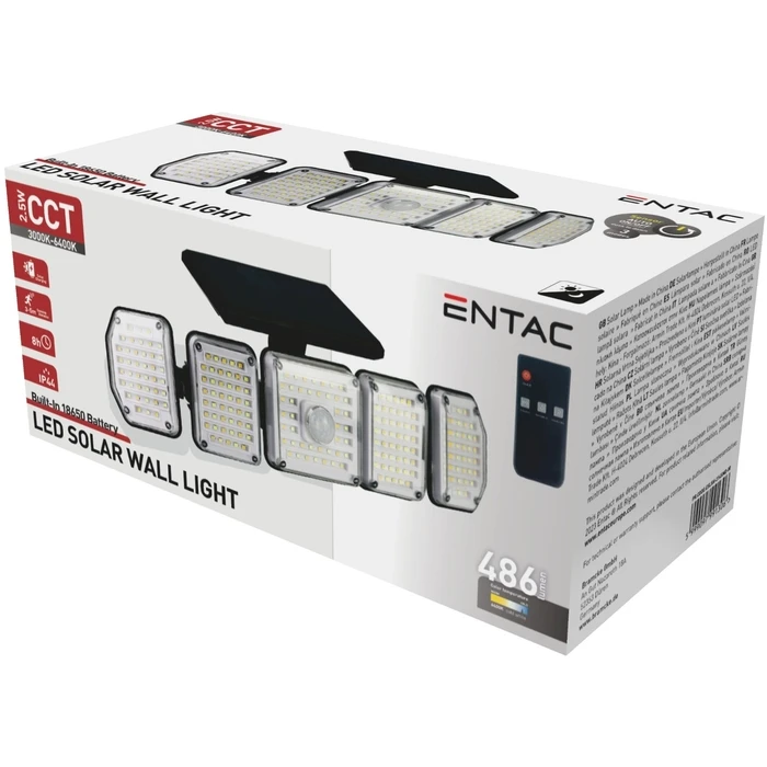 Προβολέας Entac Ηλιακός Τοίχου 2.5W SMD CCT 5 Κεφαλές Φωτοκύτταρο και Τηλεχειριστήριο