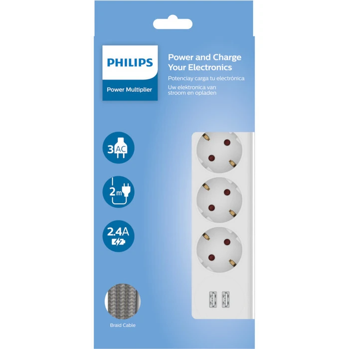Πολύπριζο Philips SPN3032W/GRS 3 θέσεων με 2 USB Type-A 2.4 A