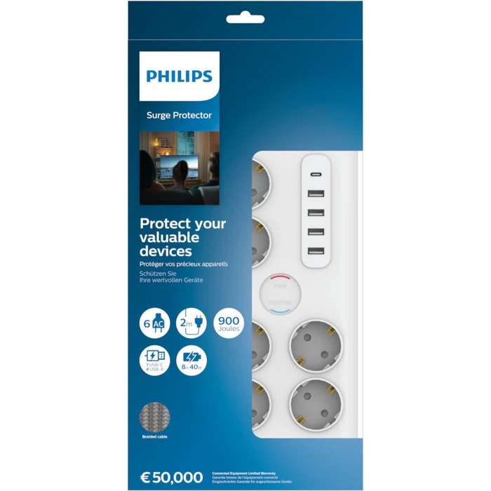 Πολύπριζο ασφαλείας Philips SPN7060WA/GRS 6 θέσεων με 1 USB Type-C 15 W και 4 USB Type-A 20 W