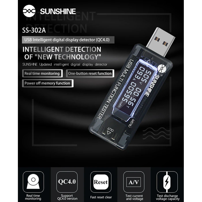 USB Tester Sunshine φόρτισης SS-302A, V/A/Time/mAh