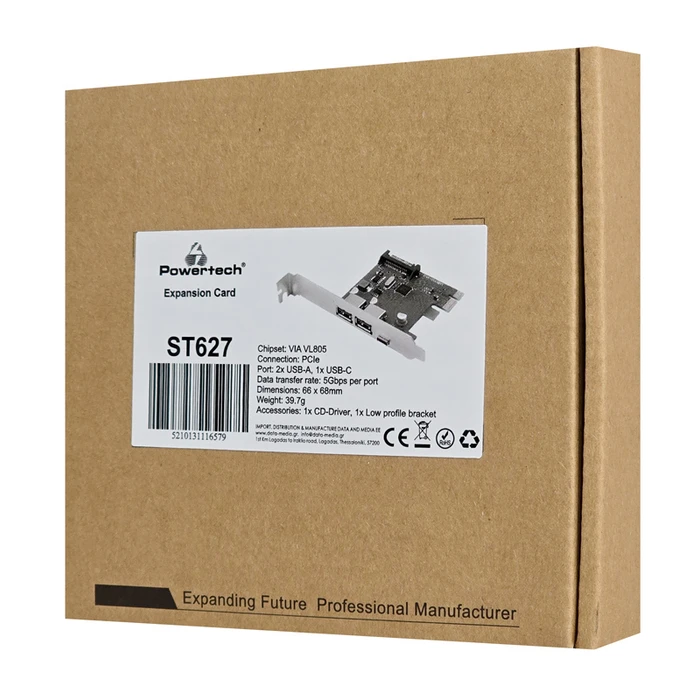Κάρτα Επέκτασης PCIe Powertech σε 2x USB & 1x USB-C ST627, 5Gbps, 66x68mm